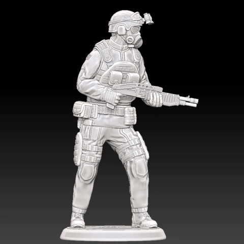 HECU soldier with tactical gear and shotgun, standing on a base. Detailed for 3D printing.