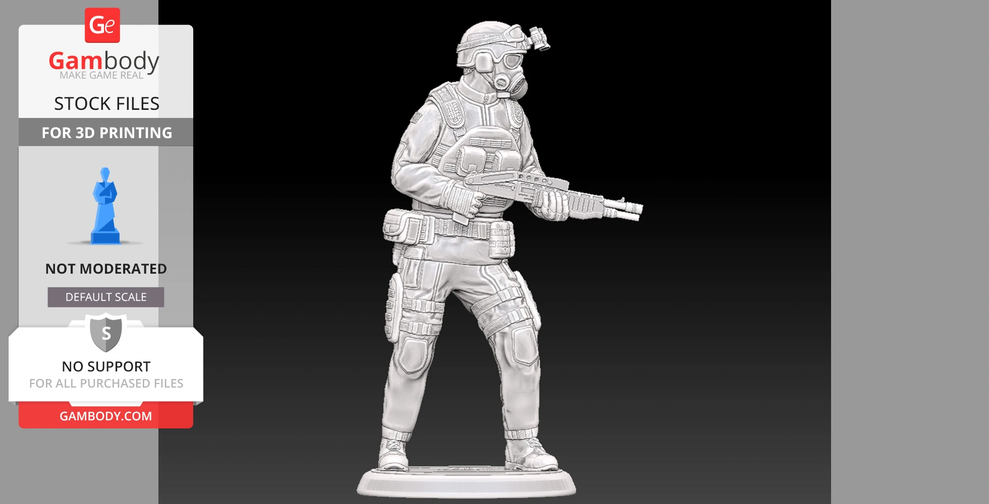 Soldier with tactical gear and gas mask holding a shotgun, ready position, on a small base.