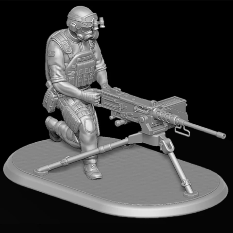 Kneeling soldier with helmet operating mounted machine gun, on a rounded base for 3D printing.