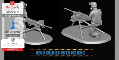 HECU soldier in tactical gear kneeling behind an M2 Browning HMG on a base, 3D print model.