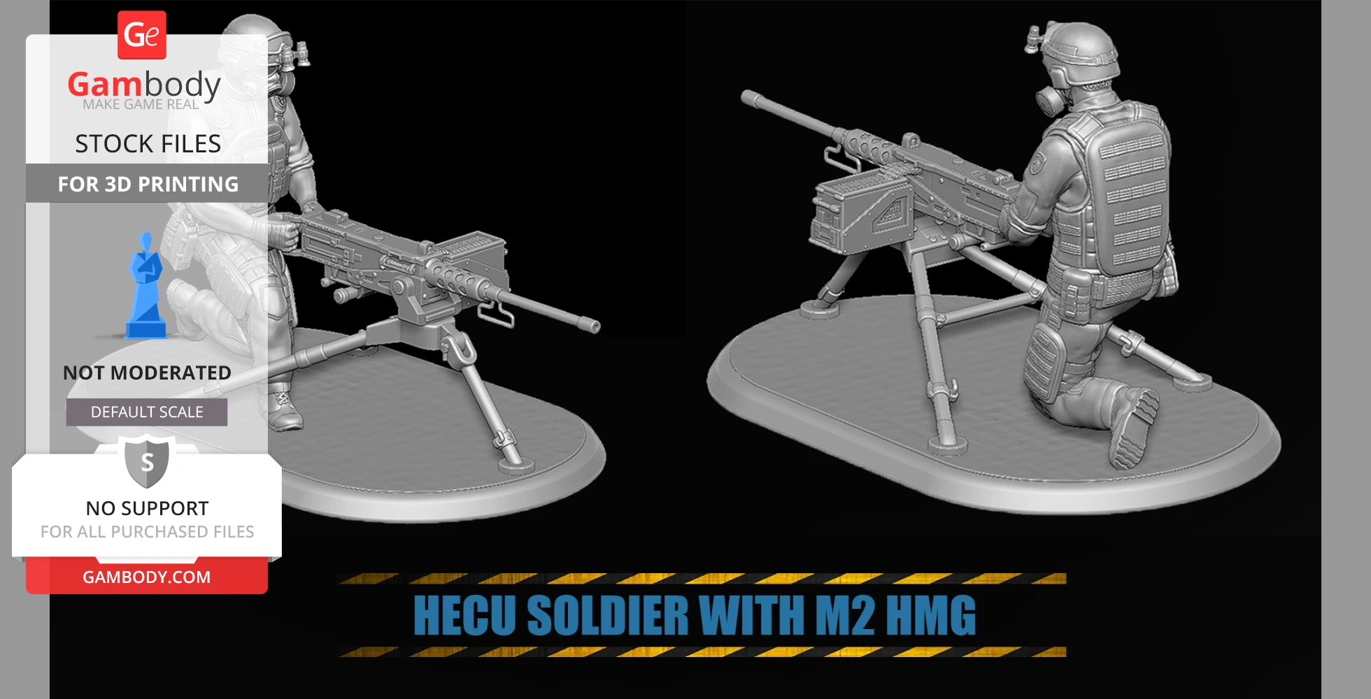 HECU soldier in tactical gear kneeling behind an M2 Browning HMG on a base, 3D print model.