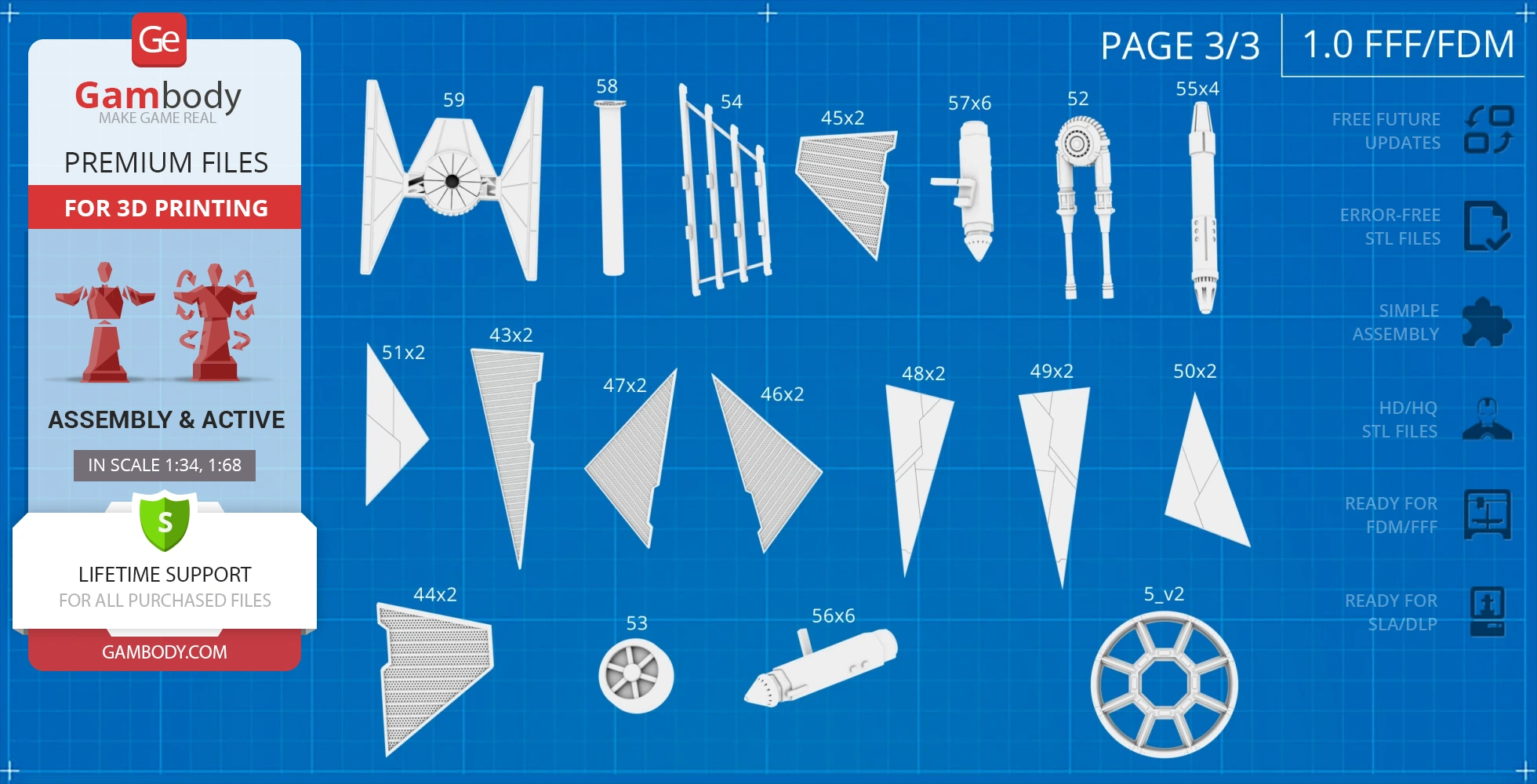 TIE Avenger 3D model parts layout on a blueprint-style background for 3D printing.
