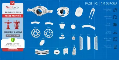 STL files layout for TIE Avenger 3D model parts on a blue grid background, labeled for assembly.