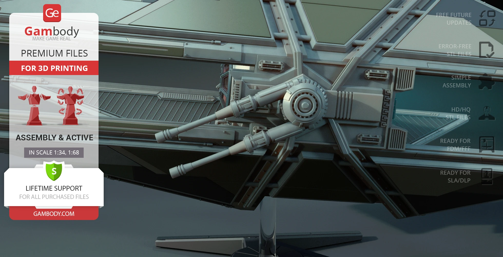 Close-up of TIE Avenger model, showcasing detailed cannons and intricate panel design for 3D printing.