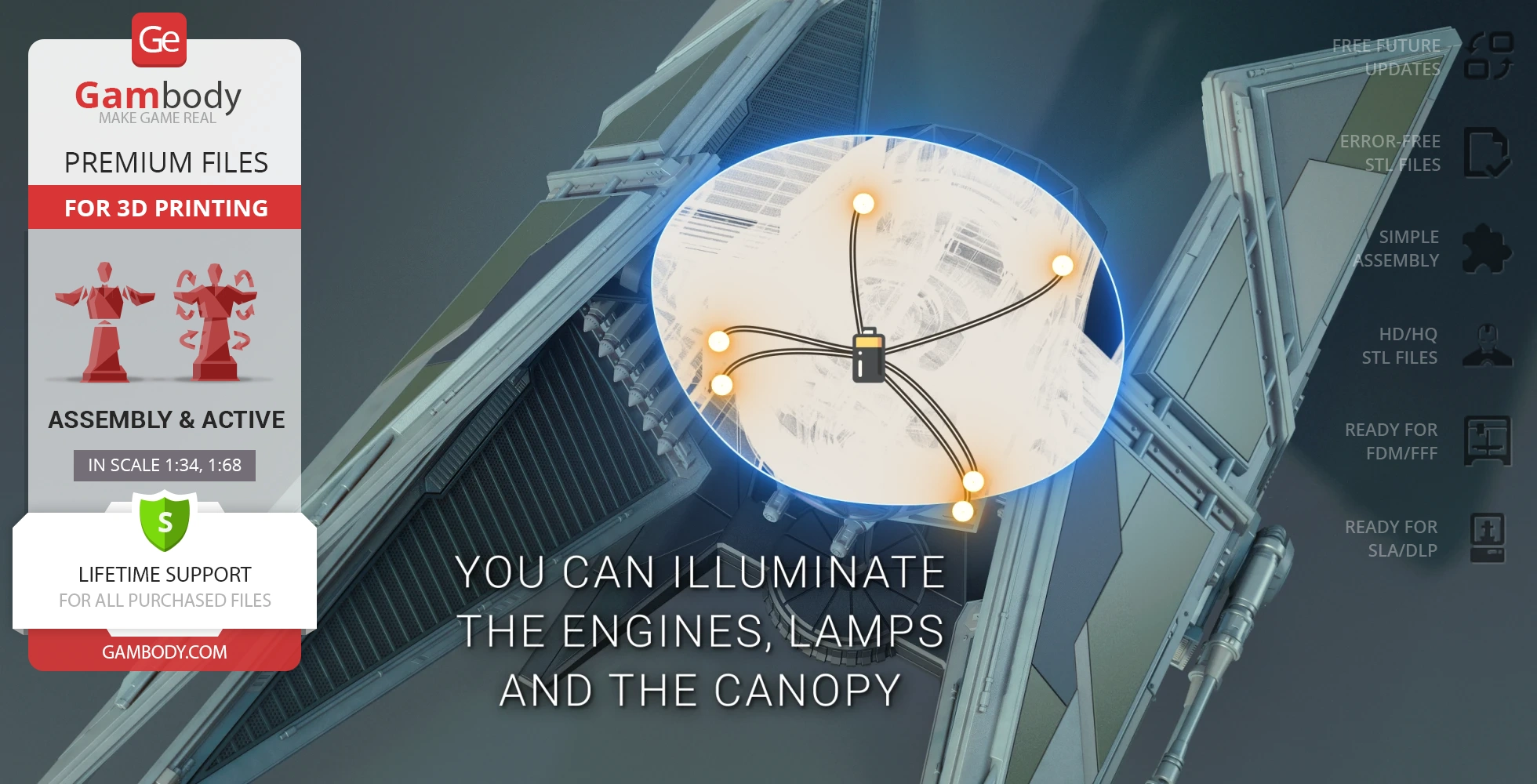 Detailed model of TIE Avenger for 3D printing, highlighting lighting features and assembly options.