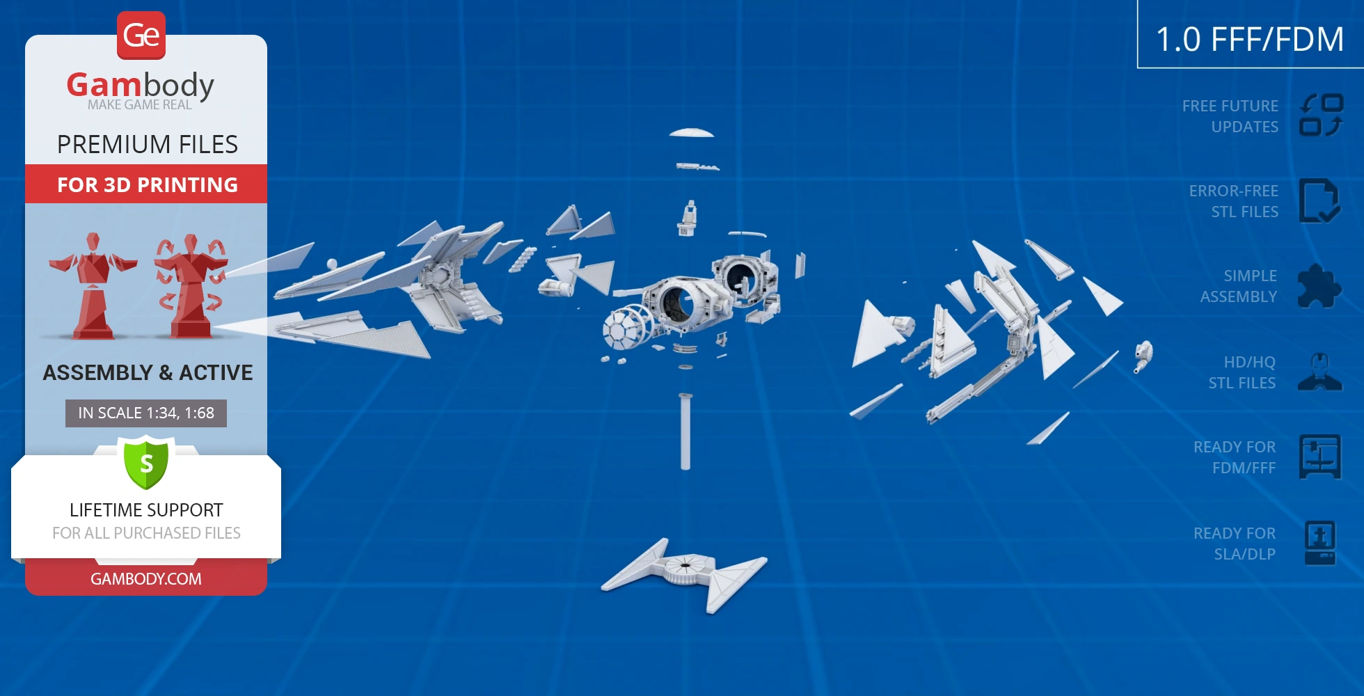 Exploded view of TIE Avenger 3D model parts for printing, shown on a grid background.