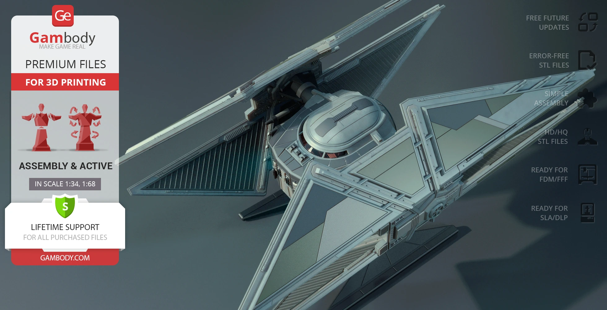 Gray TIE Avenger 3D model from Star Wars, featuring angular wings and detailed body for 3D printing.