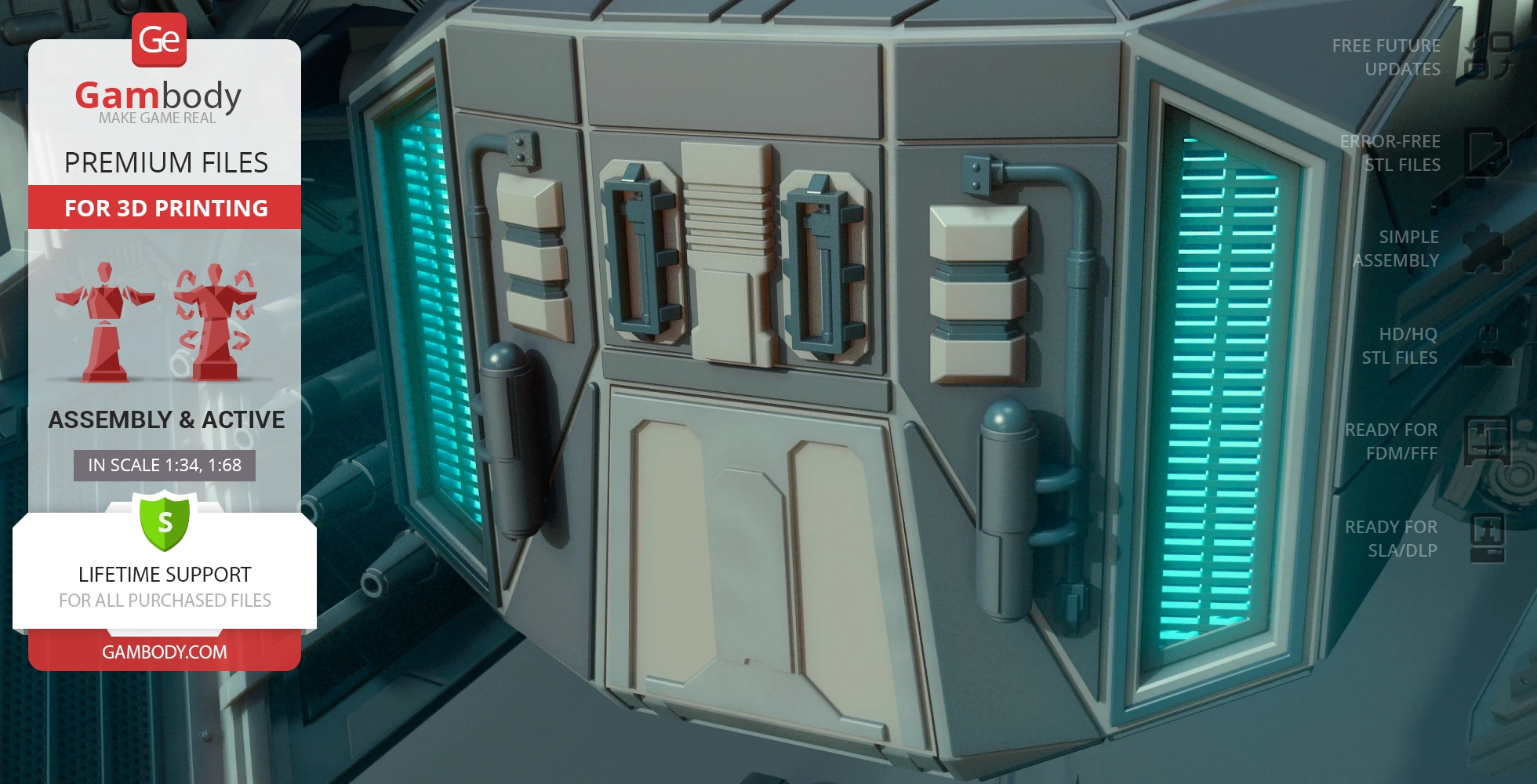Close-up of a 3D model showcasing detailed sci-fi panel design with glowing blue lights.