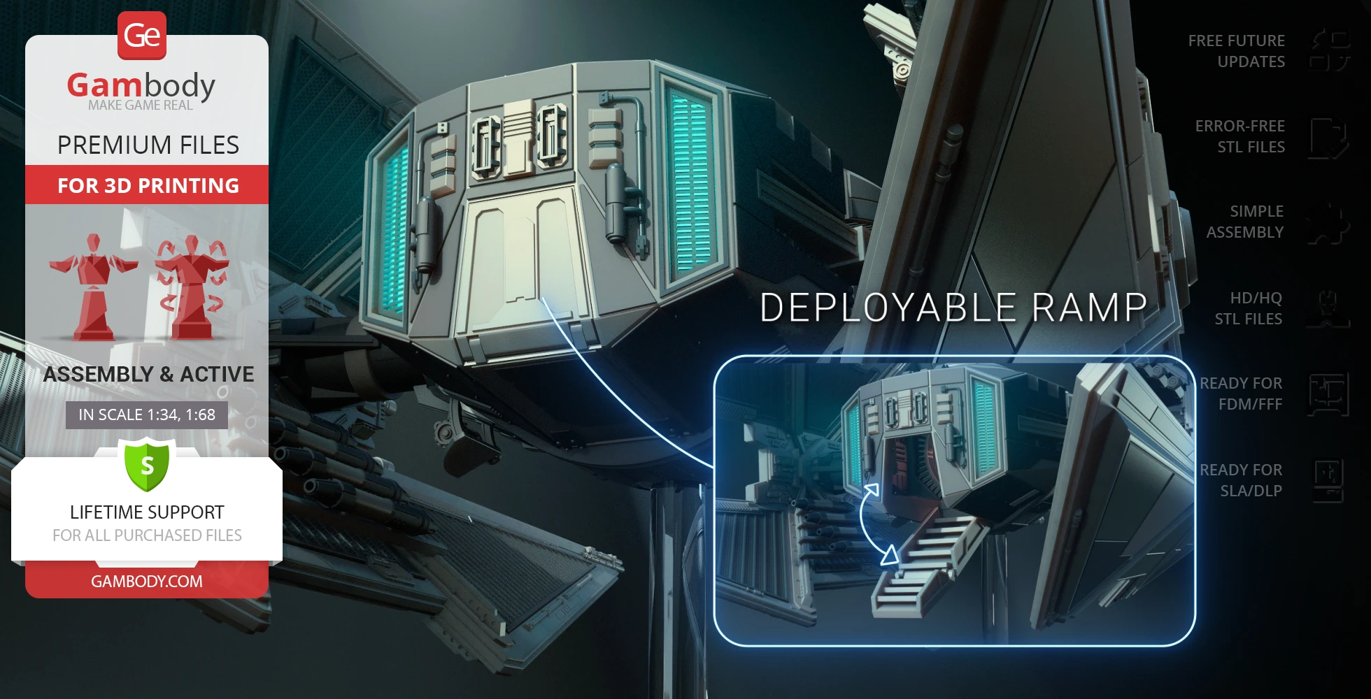 TIE Avenger 3D model with deployable ramp feature, designed for 3D printing from Gambody.com.