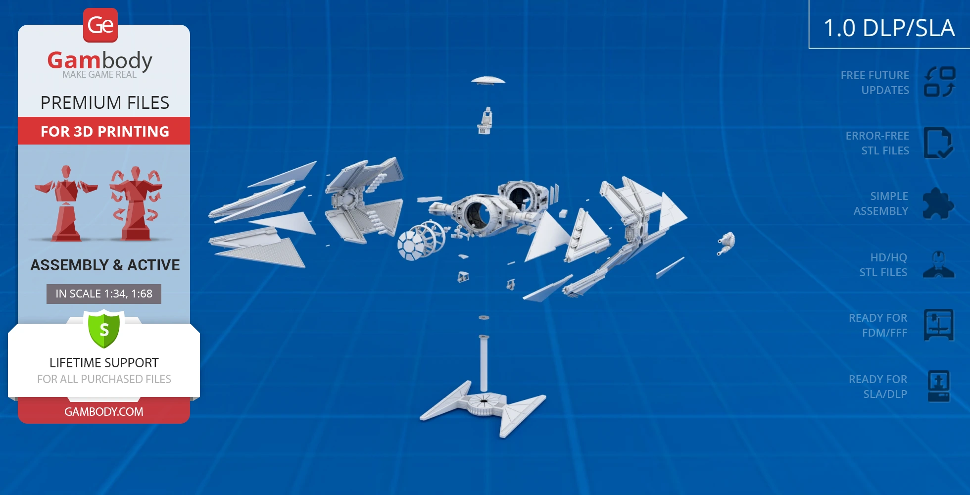 Exploded view of TIE Avenger 3D model parts for assembly.