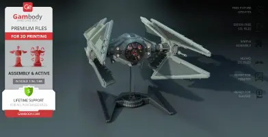 TIE Avenger 3D model for printing, features angular wings and detailed cockpit, mounted on a stand.