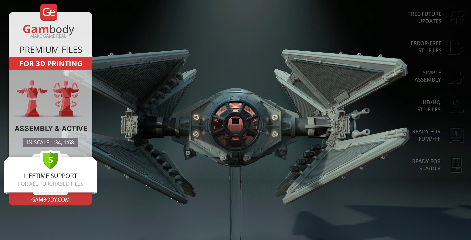 TIE Avenger 3D model from Star Wars for printing. Features include assembly tips and error-free STL files.