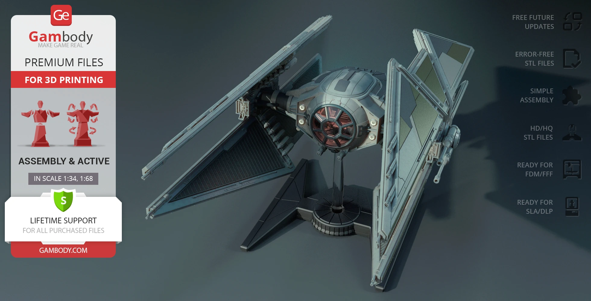 TIE Avenger 3D model for printing, featuring distinct wings and cockpit from Star Wars, on Gambody platform.