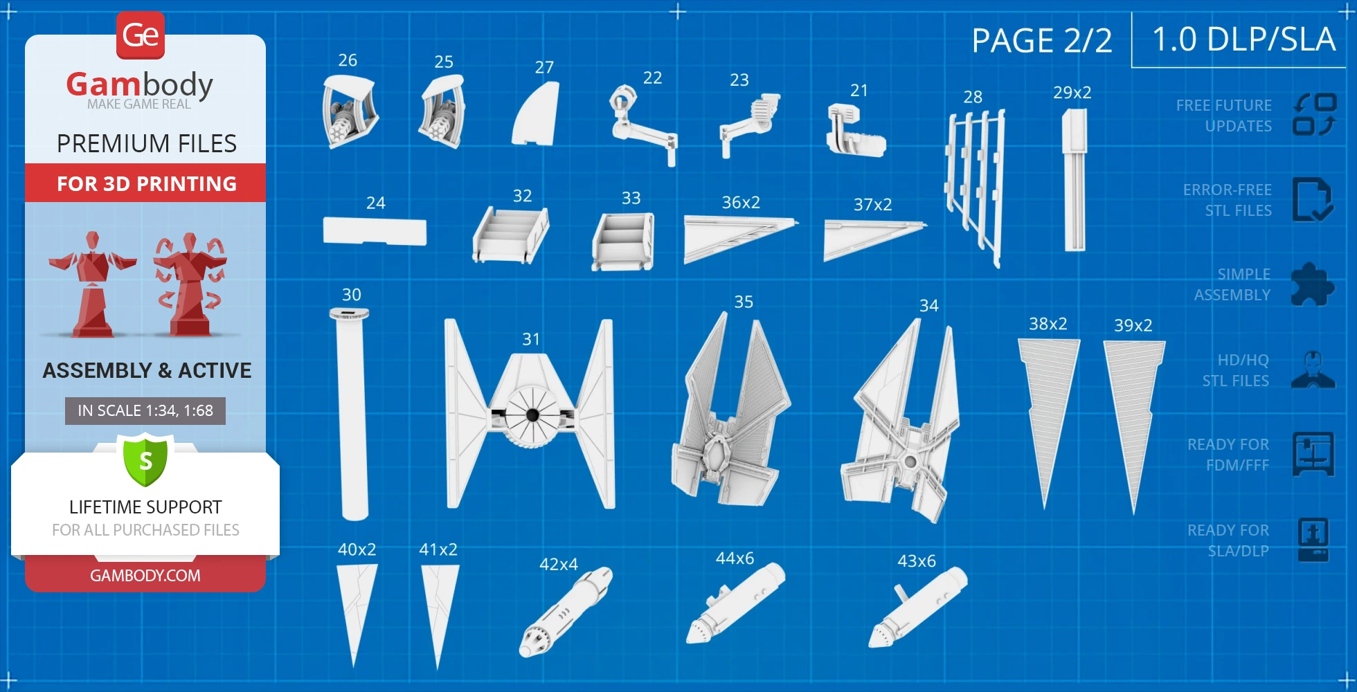 Blueprint for 3D printing a TIE Avenger from Star Wars, showing detailed parts and assembly layout.