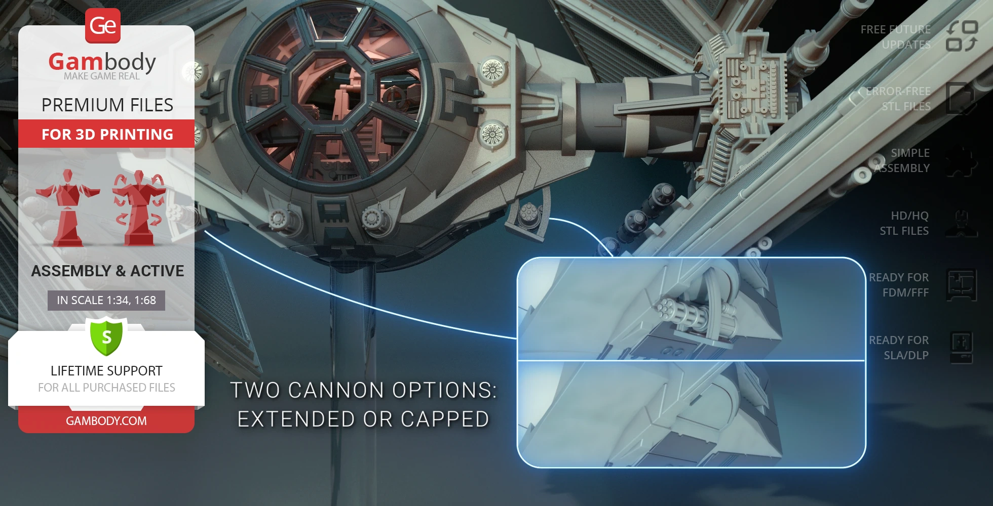 Detailed TIE Avenger model for 3D printing, with customizable cannon options.