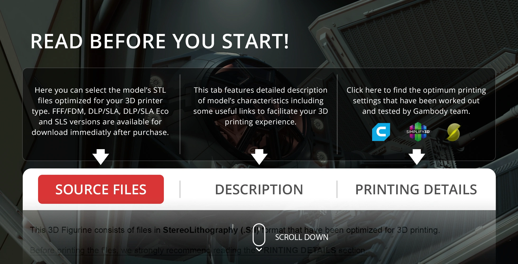 3D printing instructions for TIE Avenger model, featuring tabs for source files, description, and printing details.