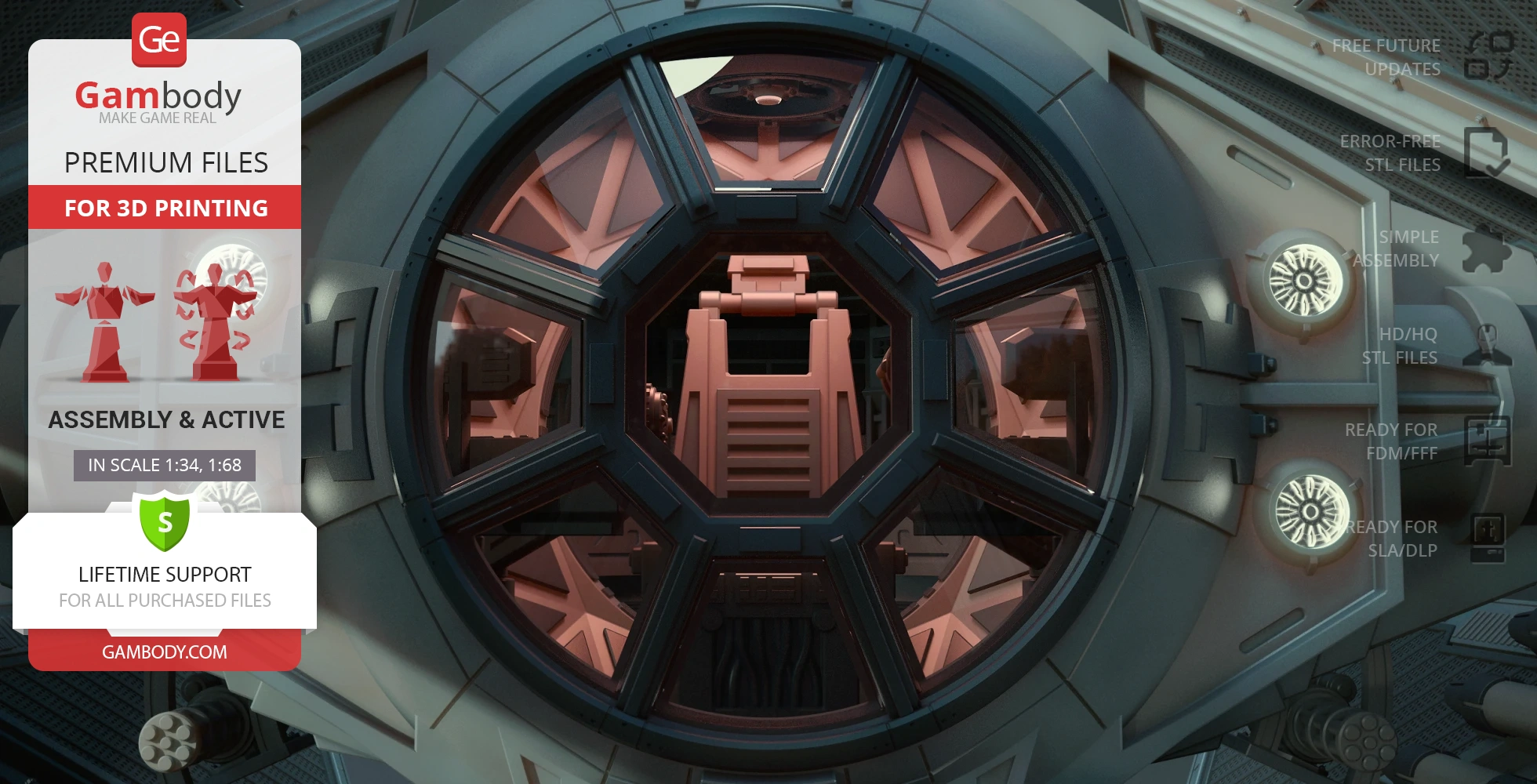 Close-up of TIE Avenger's cockpit from Star Wars for 3D printing, featuring detailed design elements.