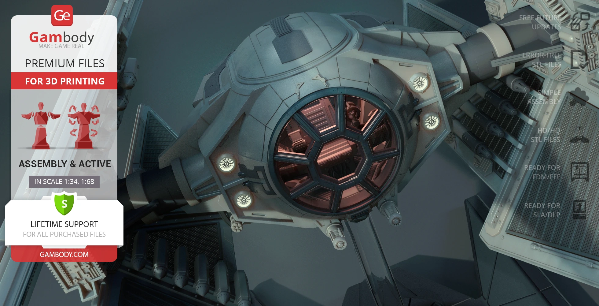 Star Wars TIE Avenger 3D model for printing, shown with cockpit details and wing structure.