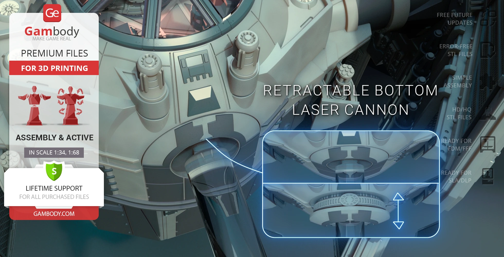 Star Wars TIE Avenger model with retractable bottom laser cannon highlighted.