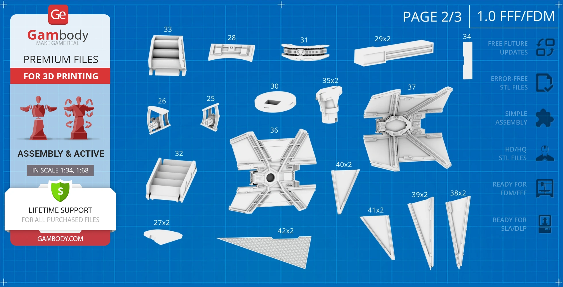 Layout of TIE Avenger 3D model parts for printing, with various numbered components on a blueprint background.