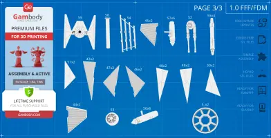 TIE Avenger 3D model parts layout on a blueprint-style background for 3D printing.