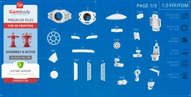 Grid layout of 3D printable TIE Avenger parts on a blueprint background with assembly info.