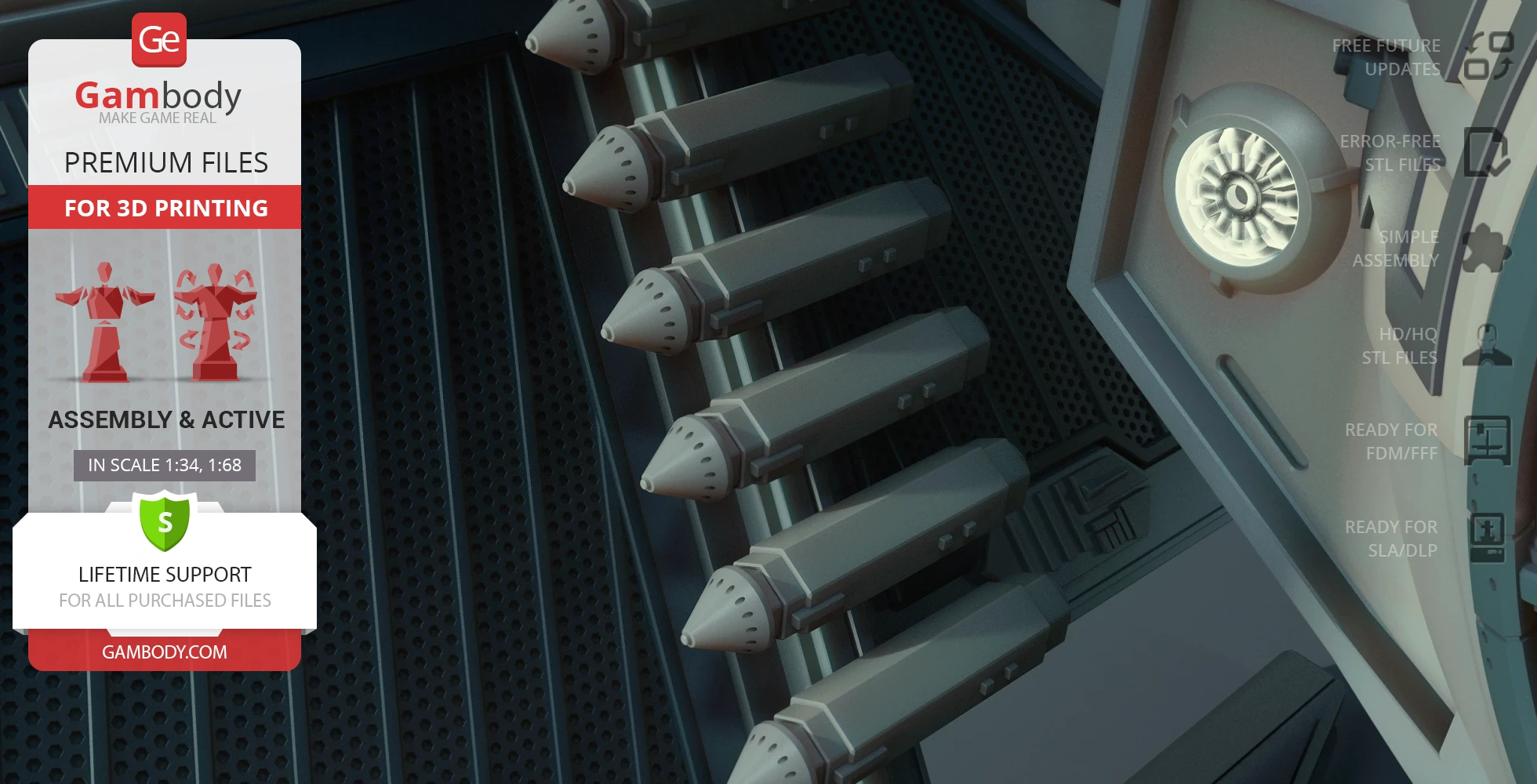 Detailed image of a TIE Avenger missile array from Star Wars, with text about 3D printing files.