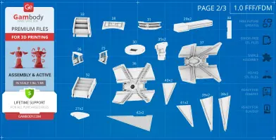 Layout of TIE Avenger 3D model parts for printing, with various numbered components on a blueprint background.