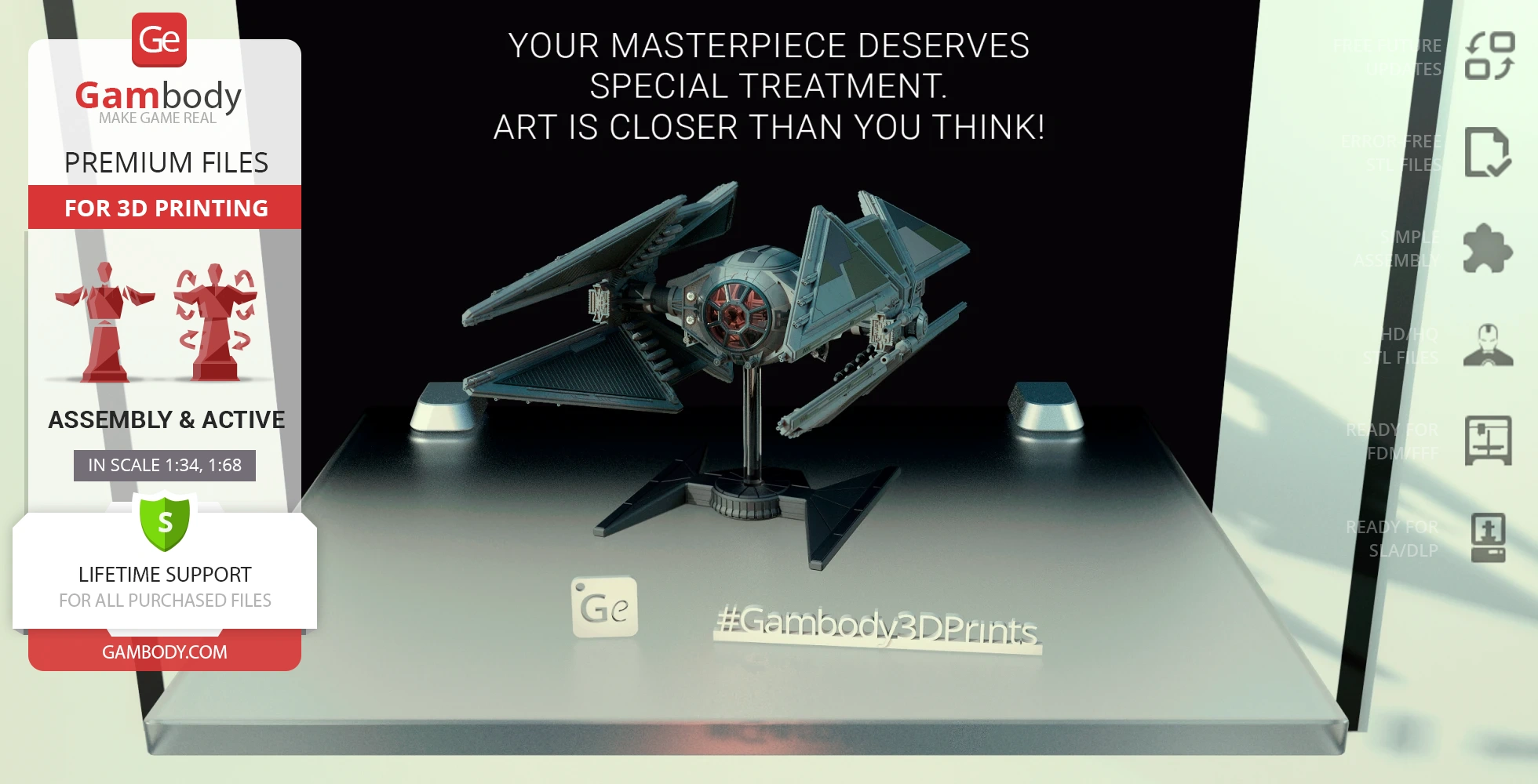 A detailed 3D model of a TIE Avenger from Star Wars, ready for 3D printing by Gambody.