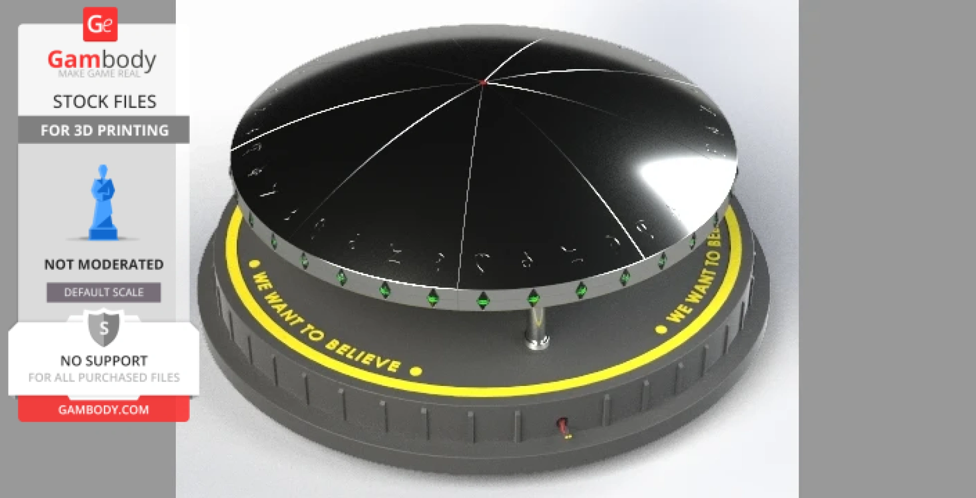 A shiny, disc-shaped UFO model on a round base with 'We Want To Believe' text.
