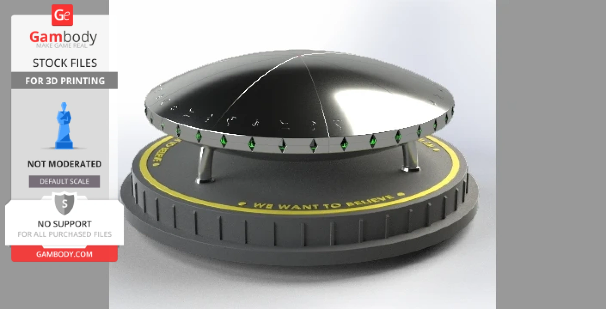 A sleek, metallic UFO model on a stand with 'We Want to Believe' text on the base.