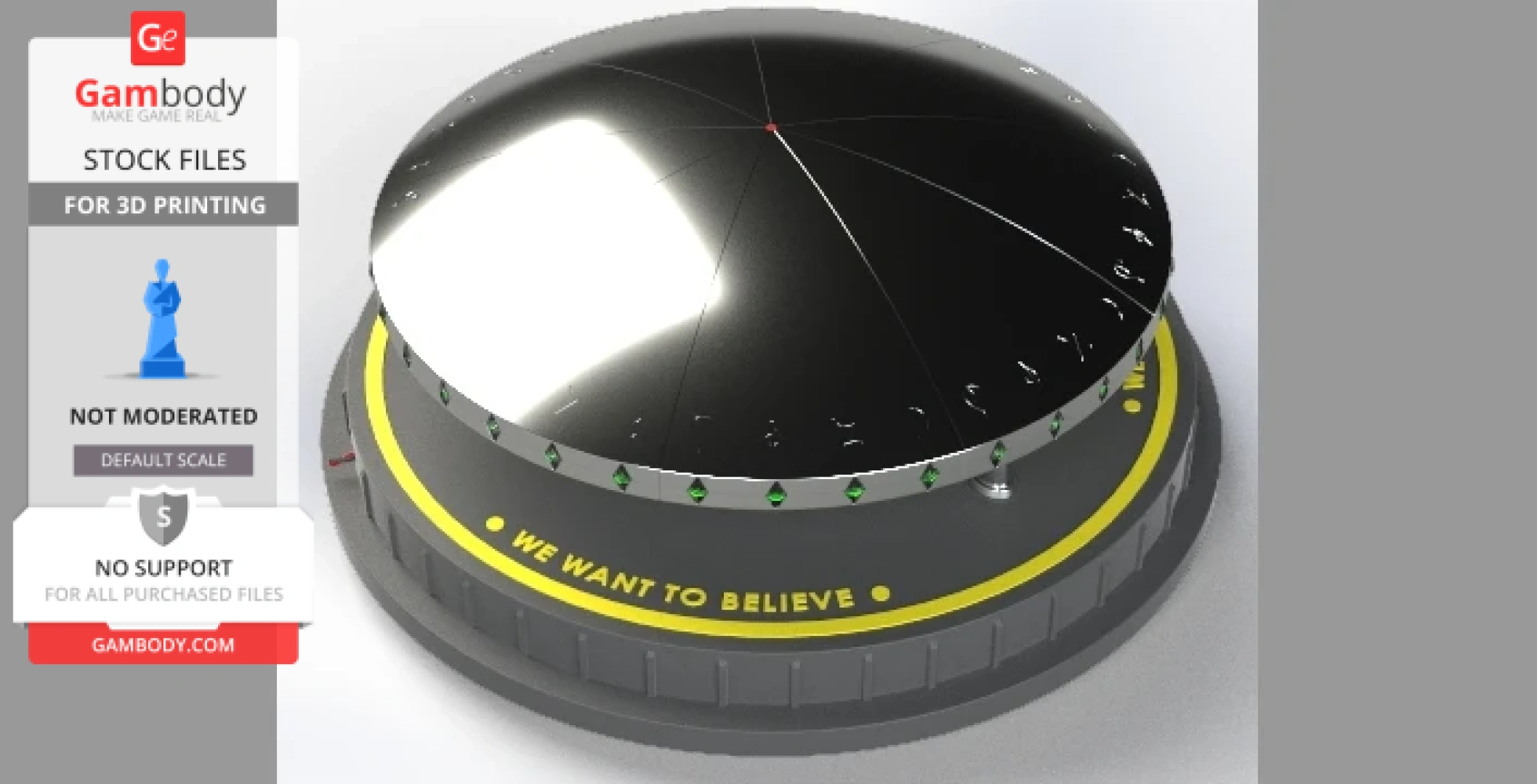 Metallic UFO model with green lights and 'We Want To Believe' text on the base, for 3D printing.