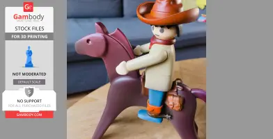 A Playmobil-style cowboy figure riding a horse, designed for 3D printing.