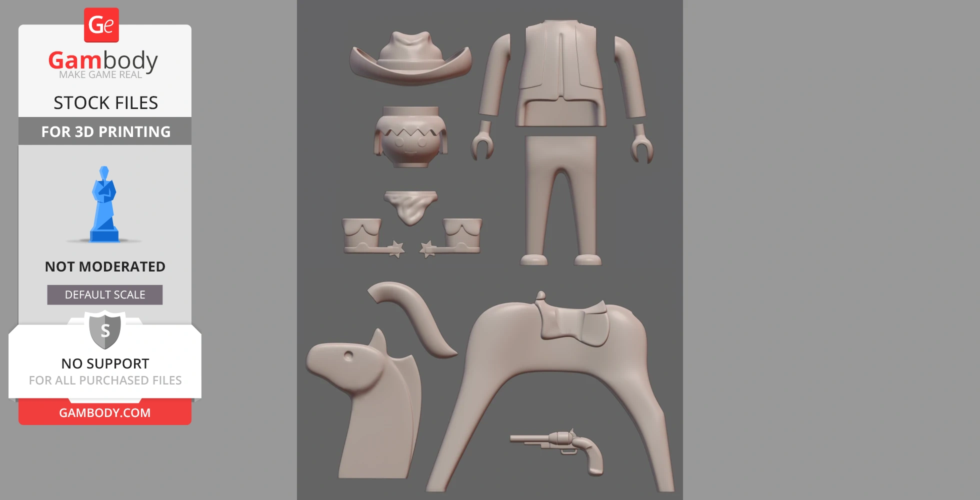 3D printable Playmobil cowboy diorama parts, including a hat, horse, body, and accessories on a gray background.