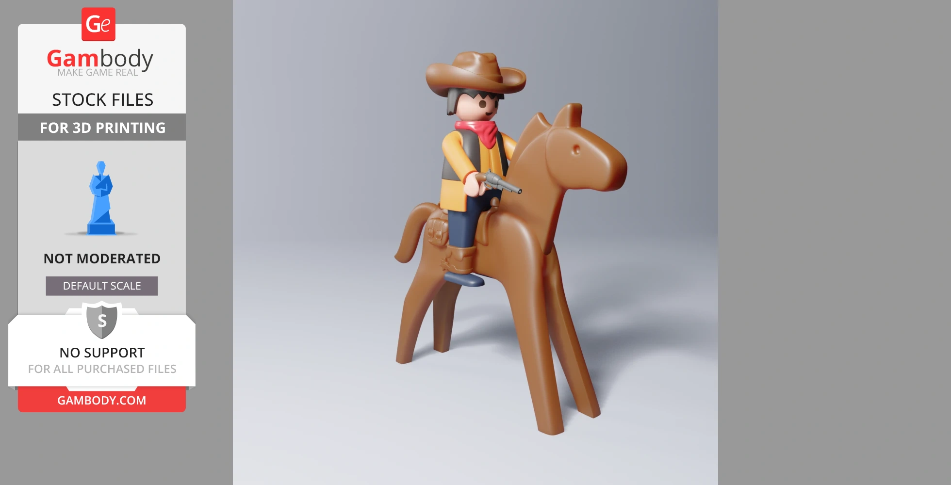 Plastic cowboy figure in a hat, red bandana, on a horse, holding a pistol; 3D-printable model.
