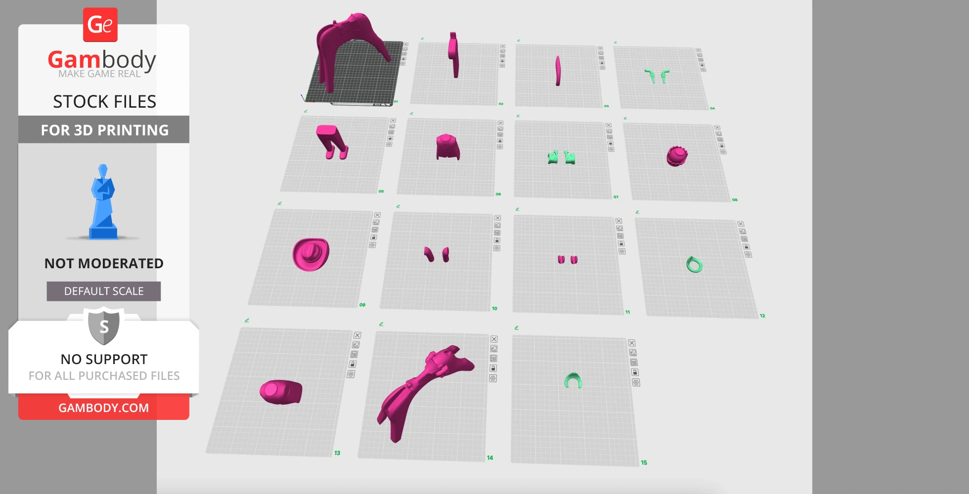 Array of 3D-printed Playmobil cowboy diorama parts displayed on a grid layout.