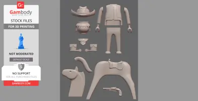 3D printable Playmobil cowboy diorama parts, including a hat, horse, body, and accessories on a gray background.