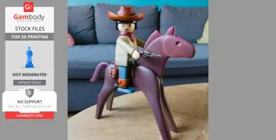 A Playmobil-style cowboy figure on a brown horse, holding a revolver, set in a diorama scene.
