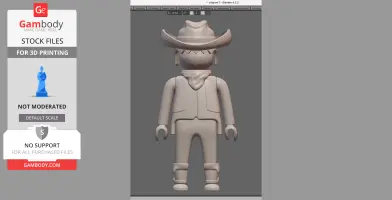 3D model of a Playmobil-style cowboy with a hat and bandana, designed for 3D printing.