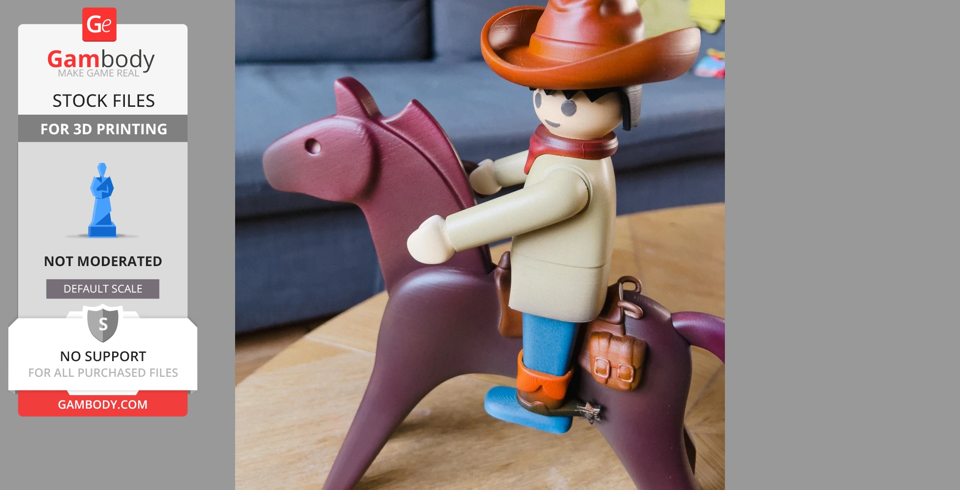 A Playmobil-style cowboy figure riding a horse, designed for 3D printing.