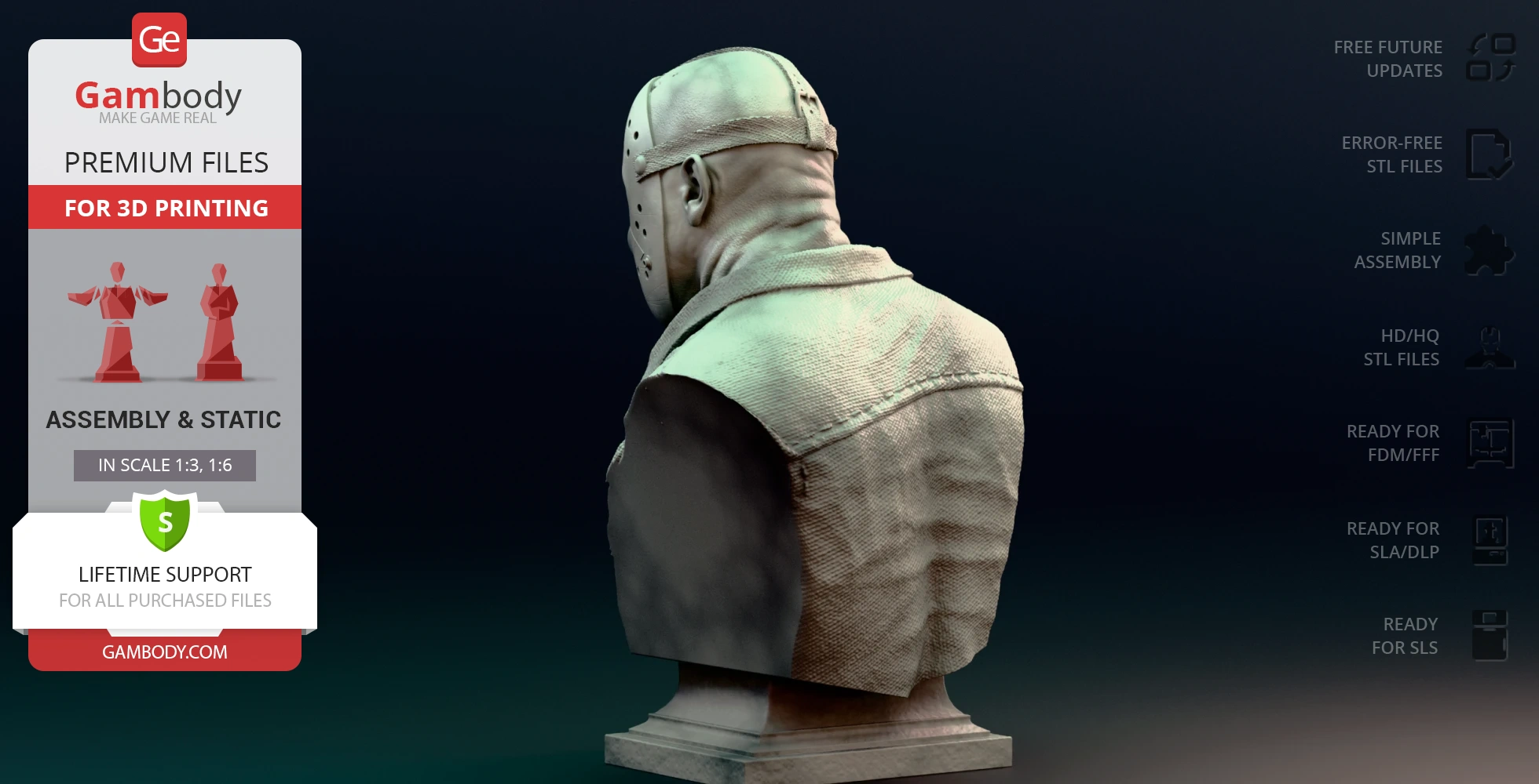 A 3D bust of a masked figure wearing a jacket, viewed from behind, on a display plinth.