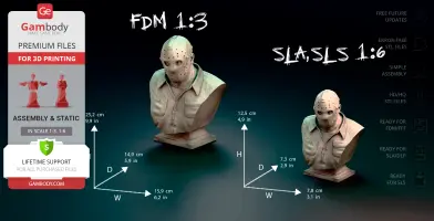 Busts of a hockey-masked figure in two sizes, showcased for 3D printing on a dark background.