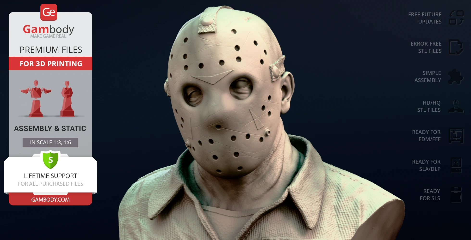 Bust of a hockey-masked figure with textured clothing, designed for 3D printing.