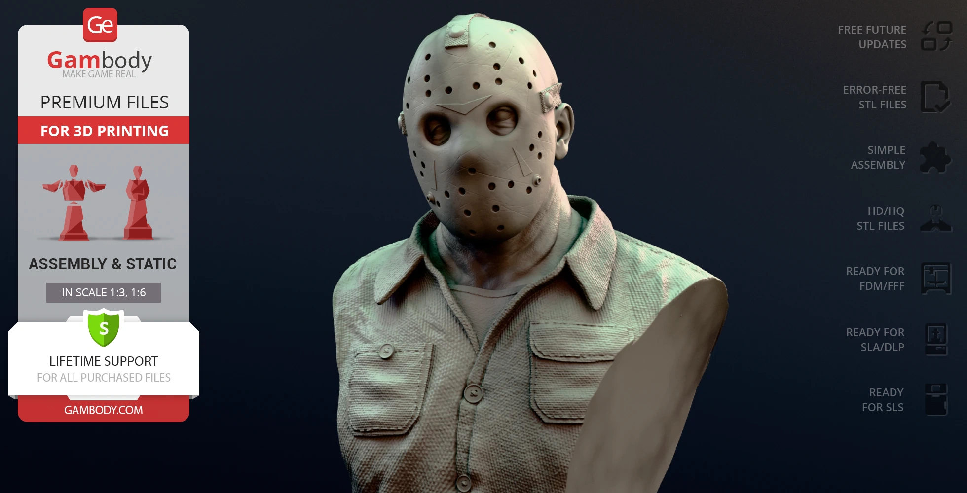 Hockey-masked figure bust in textured clothing, suitable for 3D printing.