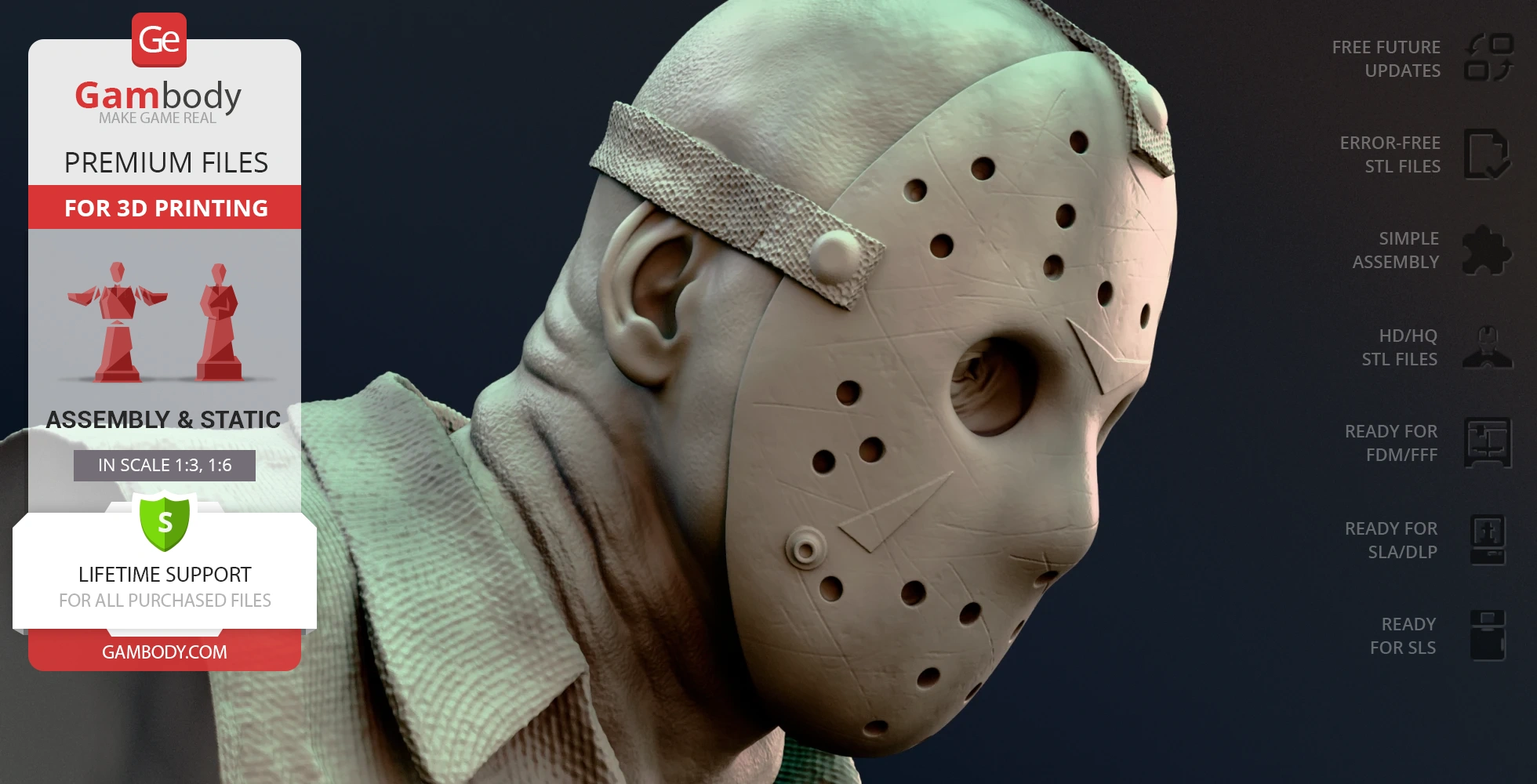 3D bust of masked character with textured clothing for printing, showcased by Gambody.