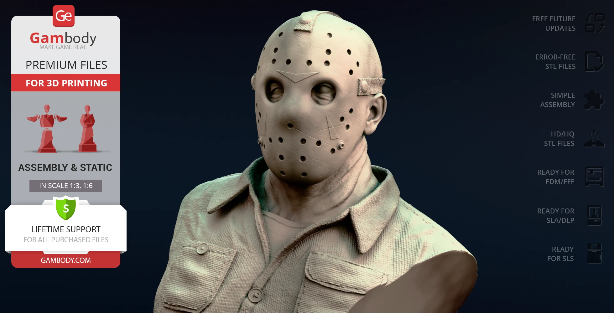 A 3D bust of a masked figure with a detailed shirt, designed for 3D printing by Gambody.