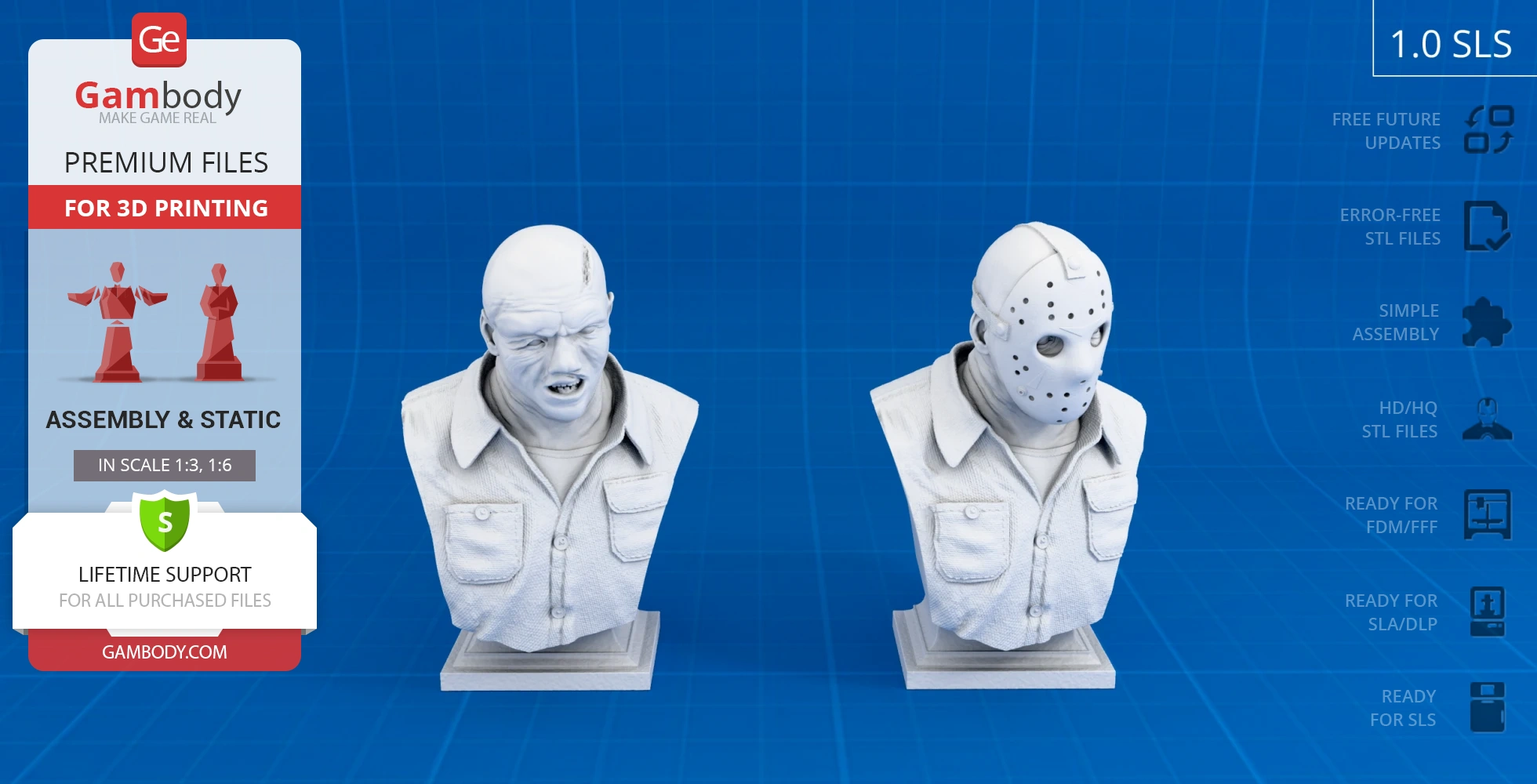Two busts of a horror character, one with a hockey mask and one without, for 3D printing.