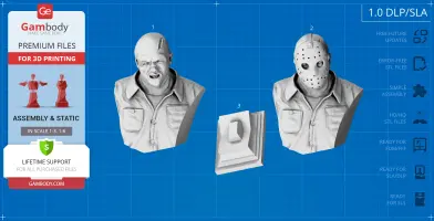 A 3D bust of a menacing figure with an angry expression and hockey mask, ready for printing.
