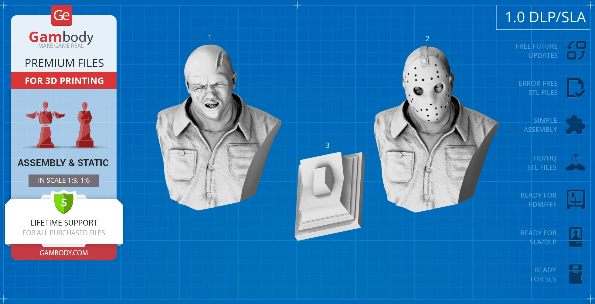 A 3D bust of a menacing figure with an angry expression and hockey mask, ready for printing.