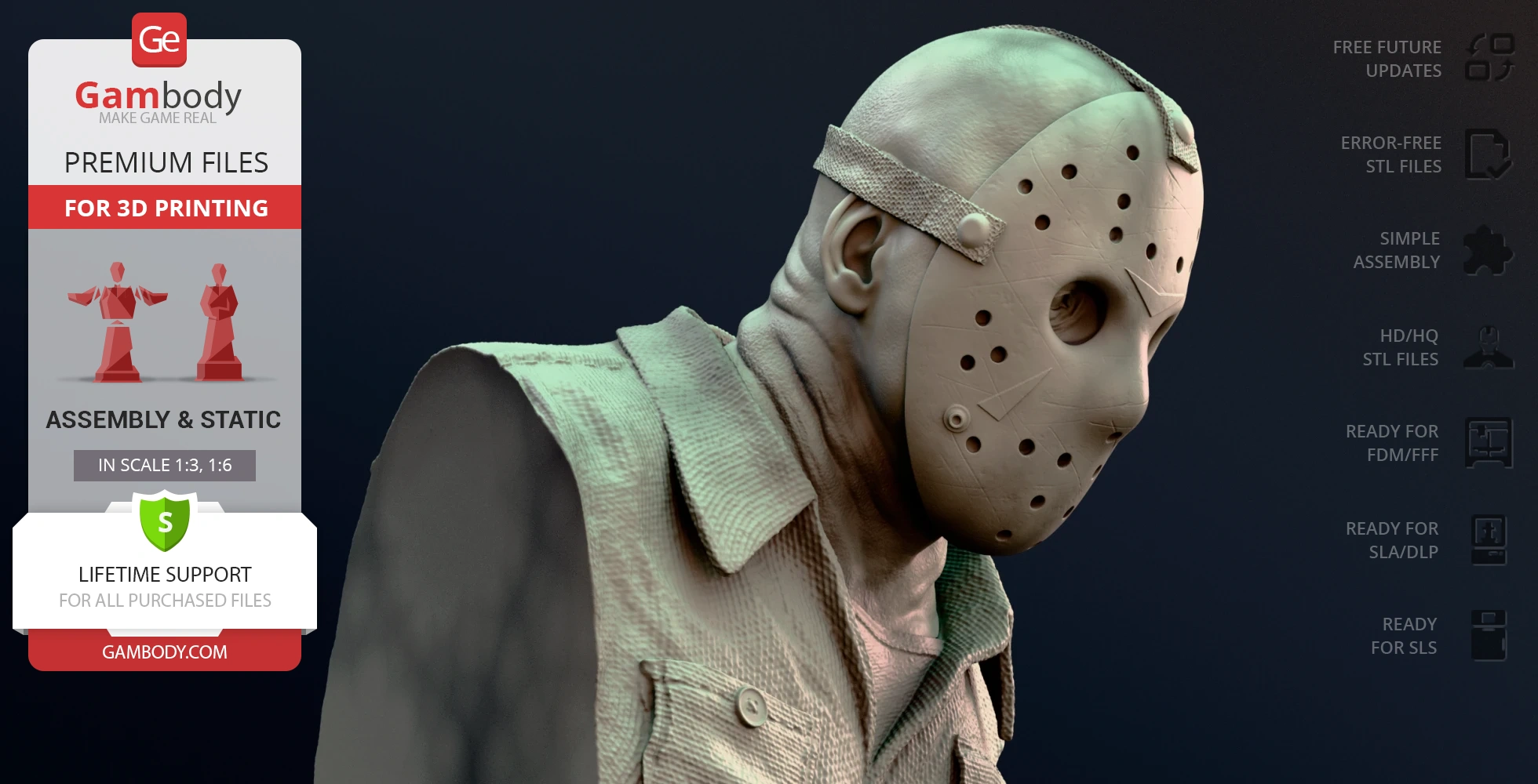 A detailed bust of a hockey-masked character for 3D printing, showcasing texture and craftsmanship.